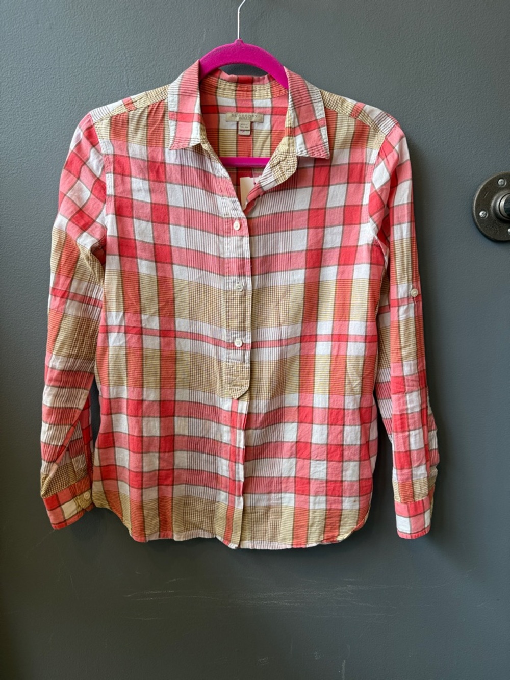 Burberry Plaid Button-Front Shirt in Coral, Tan, and White